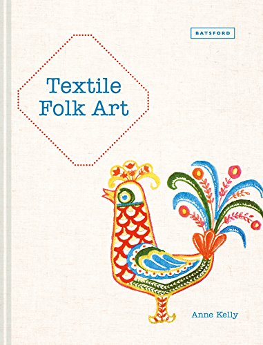 Book cover: "Textile Folk Art" with colorful embroidered rooster illustration.