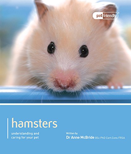 Close-up of a light-colored hamster on a book cover with blue background.