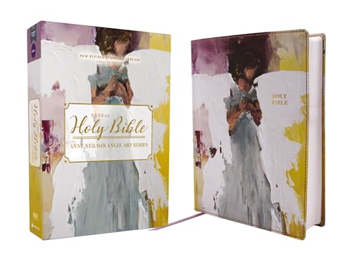 Purple and gold Bible with angel artwork, open and closed views.
