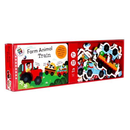 Red box of a wooden farm animal train puzzle with 22 pieces.