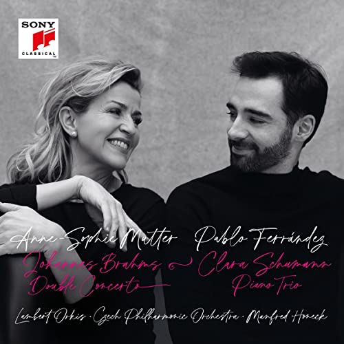 Black and white portrait of Anne-Sophie Mutter and Pablo Ferrández, vinyl record cover.
