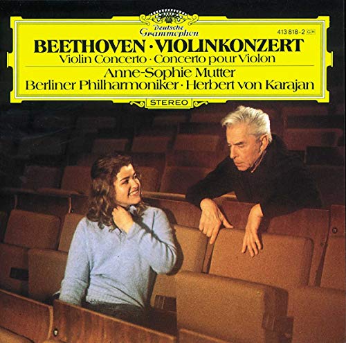CD cover: Beethoven Violin Concerto with Mutter and Karajan portrait.