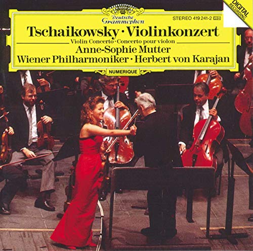CD cover featuring a violinist in a red dress with an orchestra and conductor.