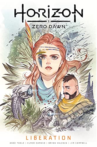 Comic book cover featuring Aloy and another character with robotic creatures and foliage.