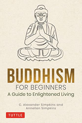 Book cover with illustration of a meditating Buddha and title "Buddhism for Beginners".