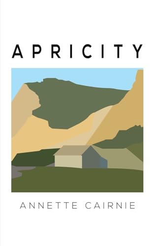 Book cover: "Apricity" with stylized illustration of hills and a building.