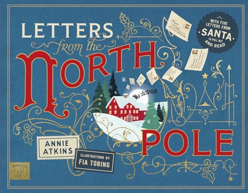 Book cover with illustrated lettering, a snowy landscape, and floating letters.