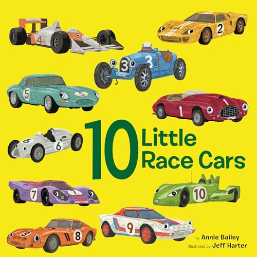 Colorful illustration of ten vintage-style race cars on a yellow background.