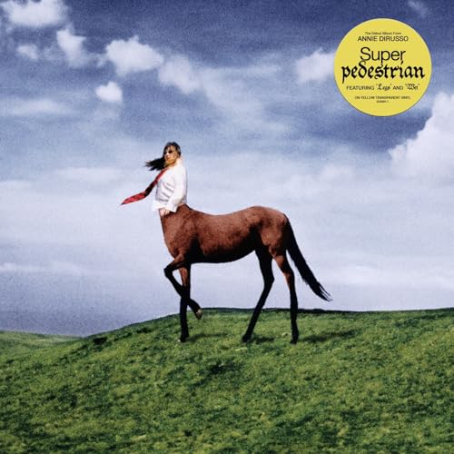 Album cover: woman with horse head standing in a green field.