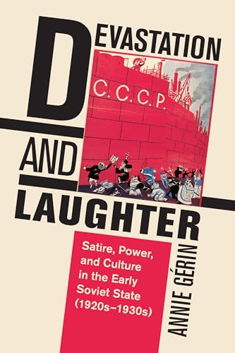 Book cover: red and black design with figures, text “Devastation and Laughter.”