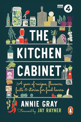 Book cover with illustrated kitchen shelf, food items, and title text.