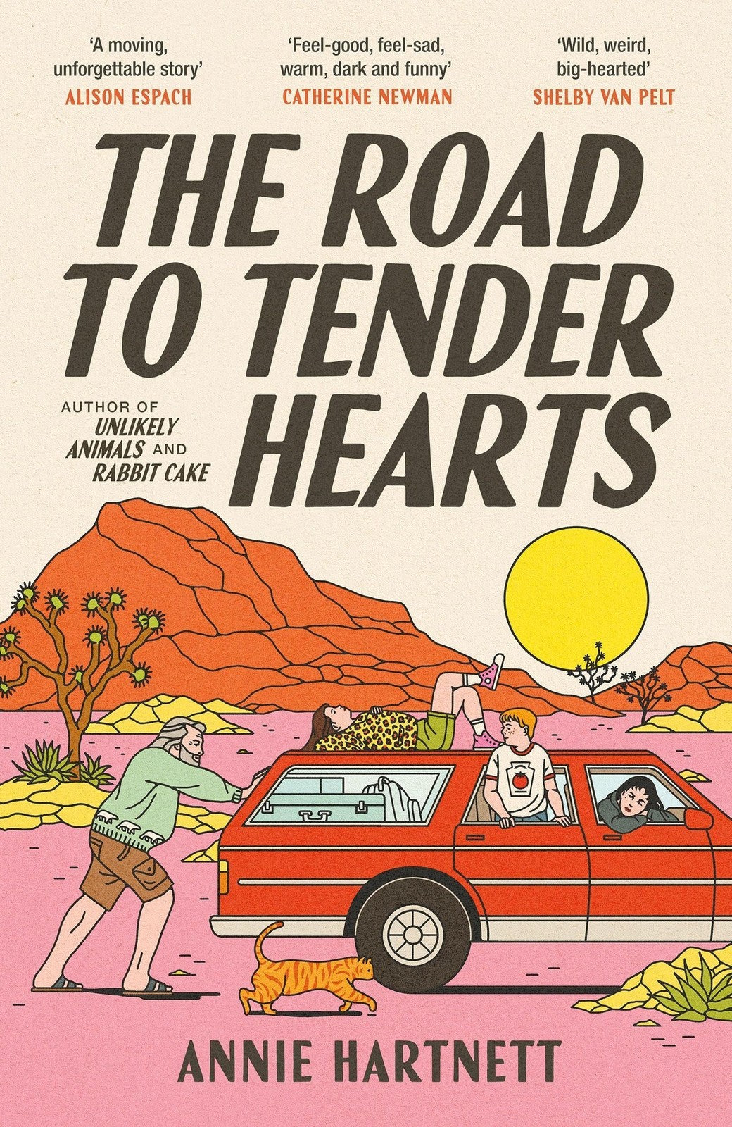 Book cover: "The Road to Tender Hearts" by Annie Hartnett, with illustrated family road trip.