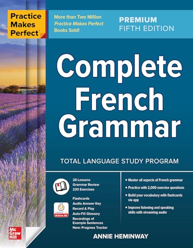 Blue French grammar textbook cover with lavender field background.