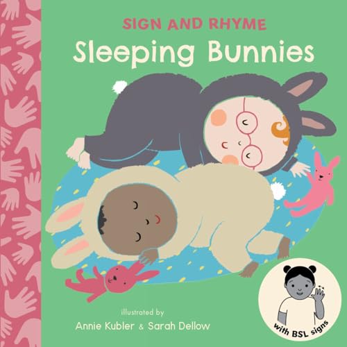 Book cover: two bunnies sleeping, with British Sign Language illustration.