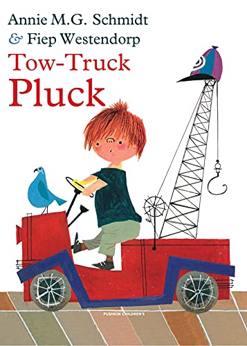 Book cover illustration of a boy driving a red tow truck with a bird.