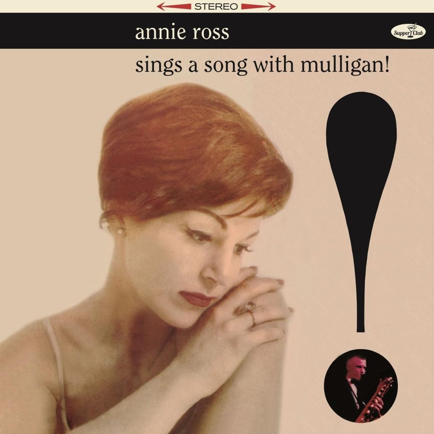 Annie Ross album cover with portrait, black shape, and small photo.