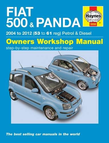 Haynes repair manual cover featuring light blue Fiat 500 and Panda cars.