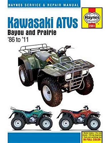 Haynes manual cover featuring green Kawasaki Bayou and Prairie ATVs.
