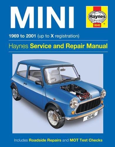 Blue classic Mini car on cover of a Haynes repair manual.
