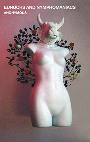 A white female torso statue with a bull head against a floral wire background.