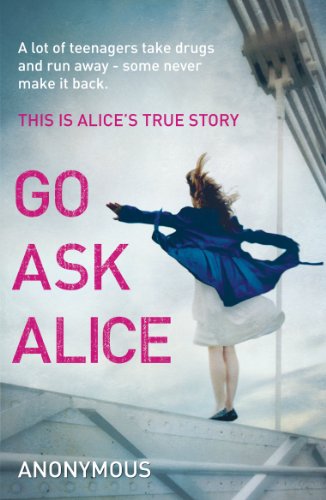 "Book cover of 'Go Ask Alice' featuring a girl jumping off a rooftop."