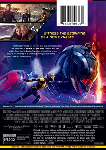 DVD back cover for "Ant-Man & The Wasp: Quantumania" with film imagery.