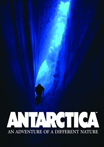 A silhouette of a person standing inside a deep, bright blue ice crevasse.