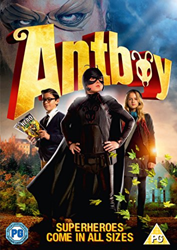 DVD cover for Antboy featuring a superhero in a black suit with two children.
