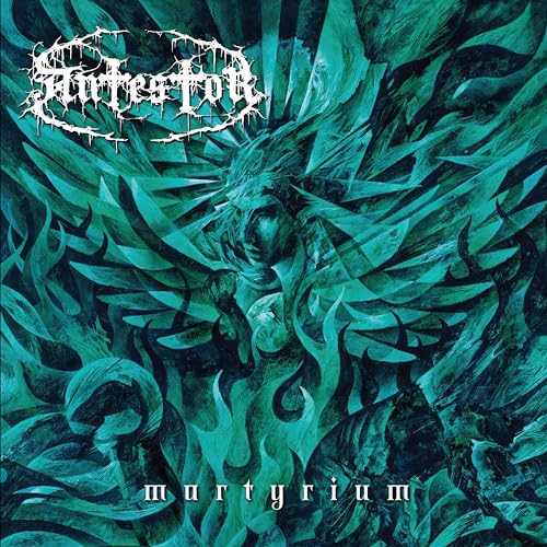 Antestor album cover, "Martyrium," featuring a winged figure in green flames.