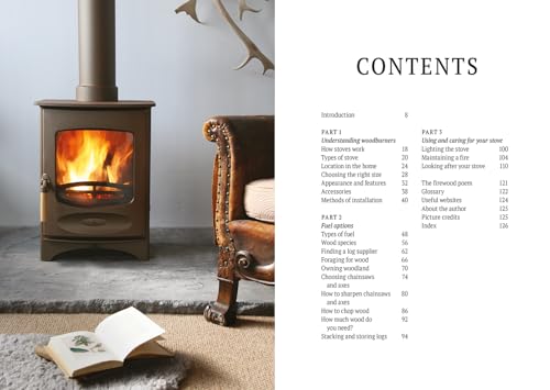 Open book beside a wood-burning stove, with a table of contents visible.