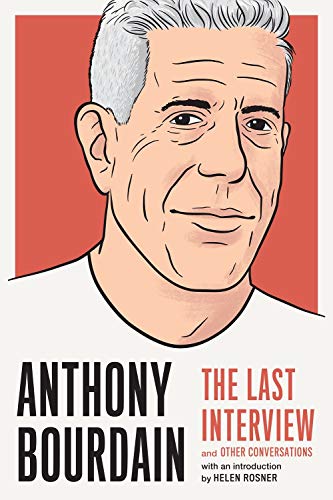 Illustrated portrait of Anthony Bourdain on a book cover with bold text.