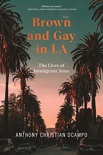 Book cover: "Brown and Gay in LA" with palm trees and sunset.