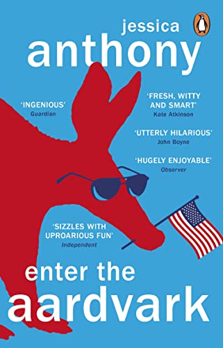 A red aardvark silhouette wearing sunglasses and holding an American flag on blue background.