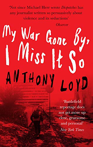 Red book cover with white text and a blurred war scene below.