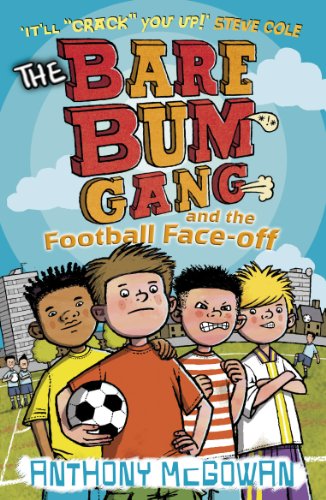 Book cover with four boys and a soccer ball, cartoon style.
