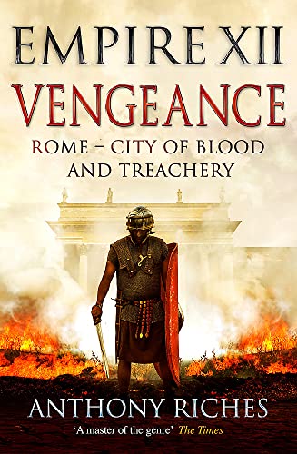 Book cover: Roman soldier with shield before a burning city.
