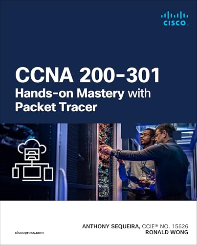 Book cover for CCNA 200-301 Hands-on Mastery with Packet Tracer featuring two technicians in servers.