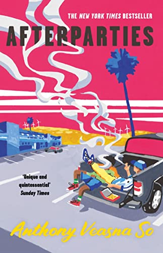 Book cover for "Afterparties" with illustrated scene of people and cars.