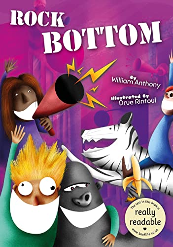 Book cover: "Rock Bottom" with cartoon animals and bright colors.