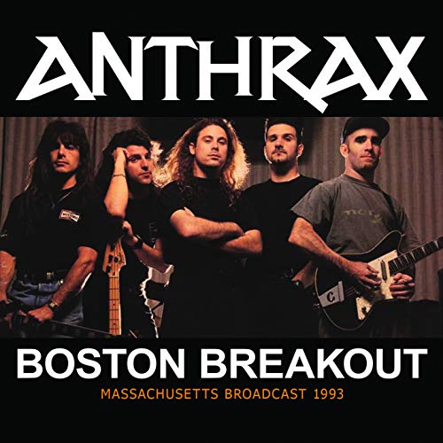 "CD cover with the band Anthrax posing with guitars, titled Boston Breakout."