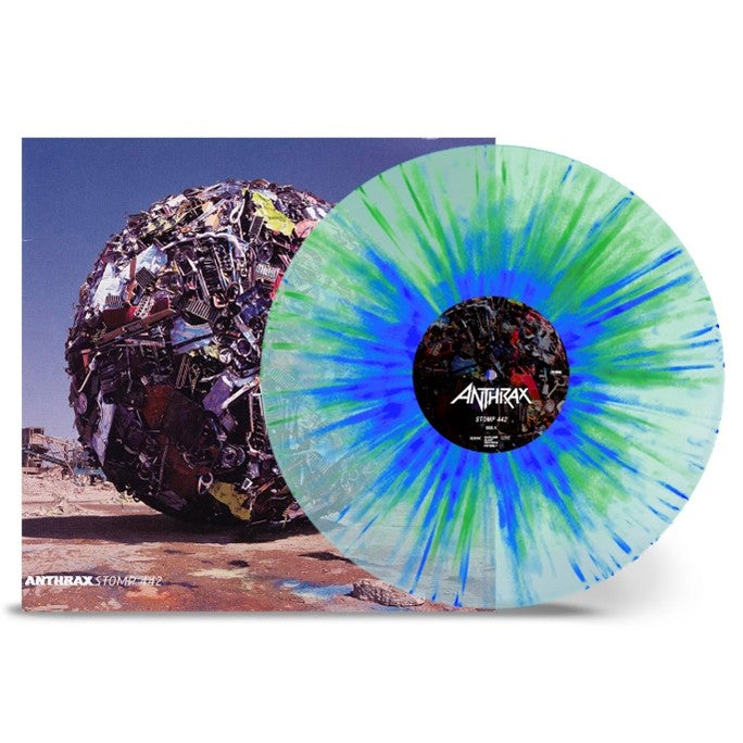 Anthrax Stomp 442 vinyl record with blue and green splatter and scrap metal cover.