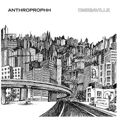 Black and white ink drawing of a detailed, sprawling cityscape.