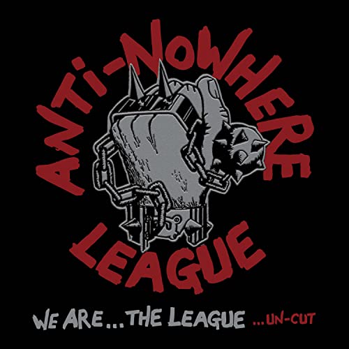 A spiked fist in chains surrounded by Anti-Nowhere League text on a black background.