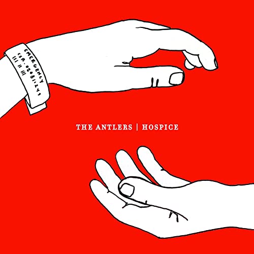 Red background with white line-drawing of hands and a hospital bracelet.