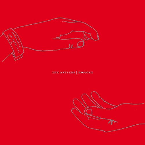 Red album cover with white line-drawn hands and text: "The Antlers | Hospice".