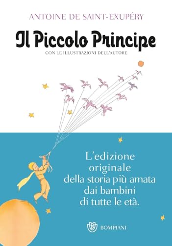 Book cover: "Il Piccolo Principe" with a boy holding balloons on a planet.