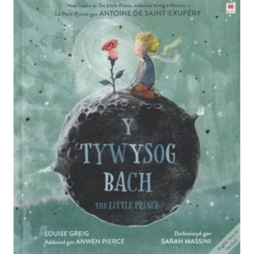 Book cover: The Little Prince in Welsh, with a boy on a moon.