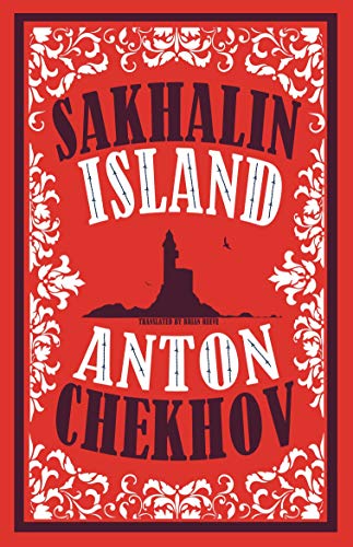 Book cover for Sakhalin Island by Anton Chekhov with a lighthouse silhouette on red.