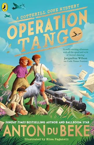 Book cover: children with a dog near a train and airplanes.