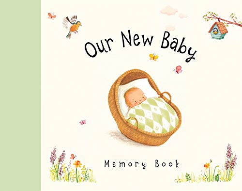 Baby sleeping in a woven basket, illustrated cover of memory book.
